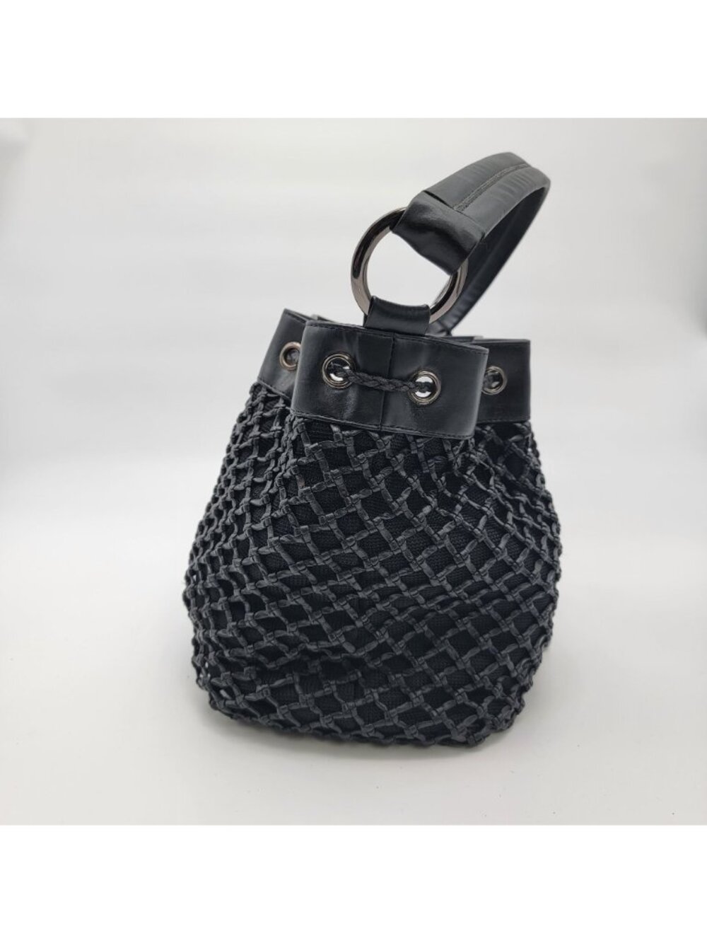 Black Basket Weave Mesh Bucket Shoulder Bag Purse - Picture 5 of 16